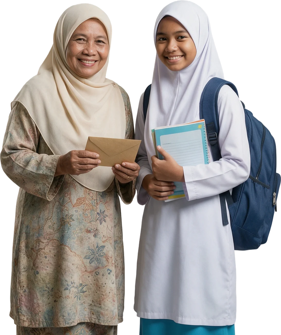 Nenek dan cucu berpakaian seragam sekolah menerima bantuan