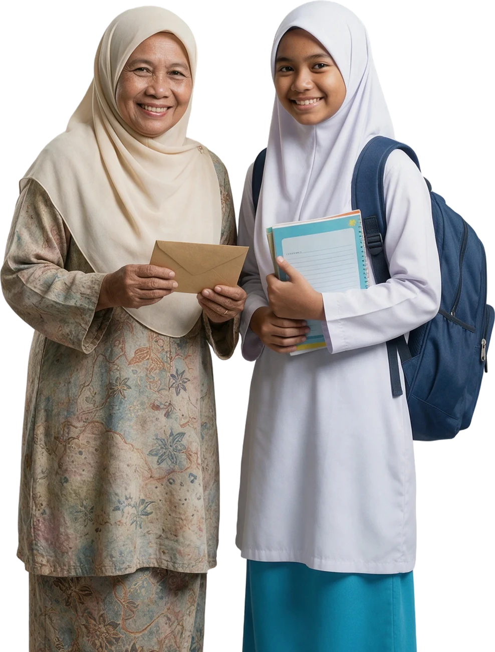 Nenek dan cucu berpakaian seragam sekolah menerima bantuan